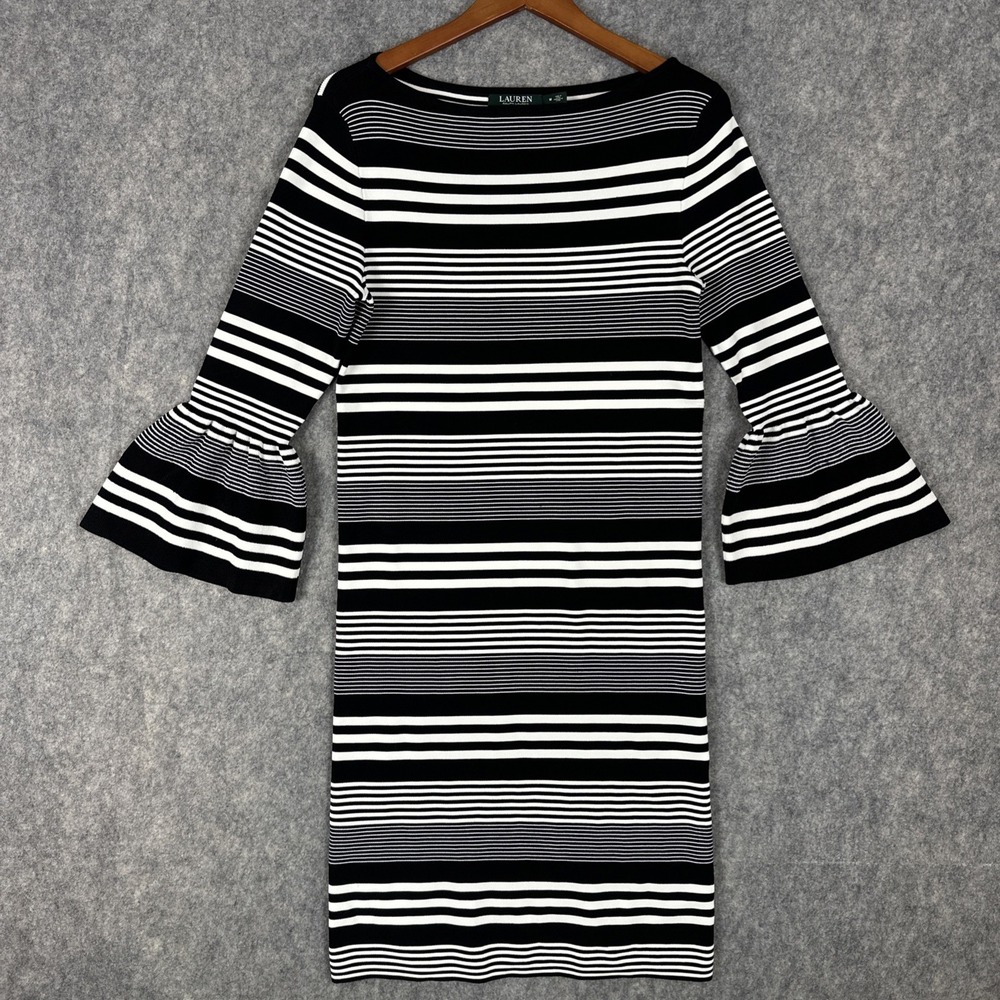 Lauren Ralph Lauren Dress Women M Black White Striped Sweater Bell Sleeve Ribbed